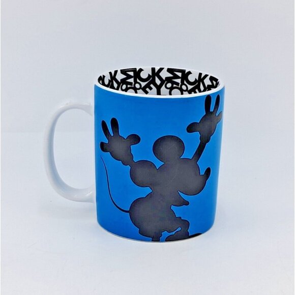 Disney Mickey Mouse Silhouette Mug Blue Black Text Print Coffee Cup Minimalist - Picture 1 of 5